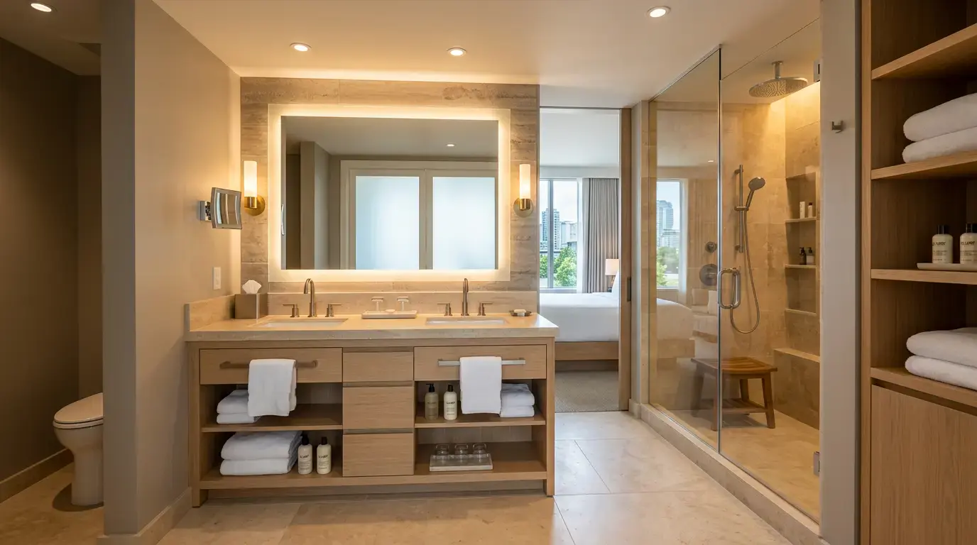 Deluxe King Room - Bathroom with double vanity and open oak shelving