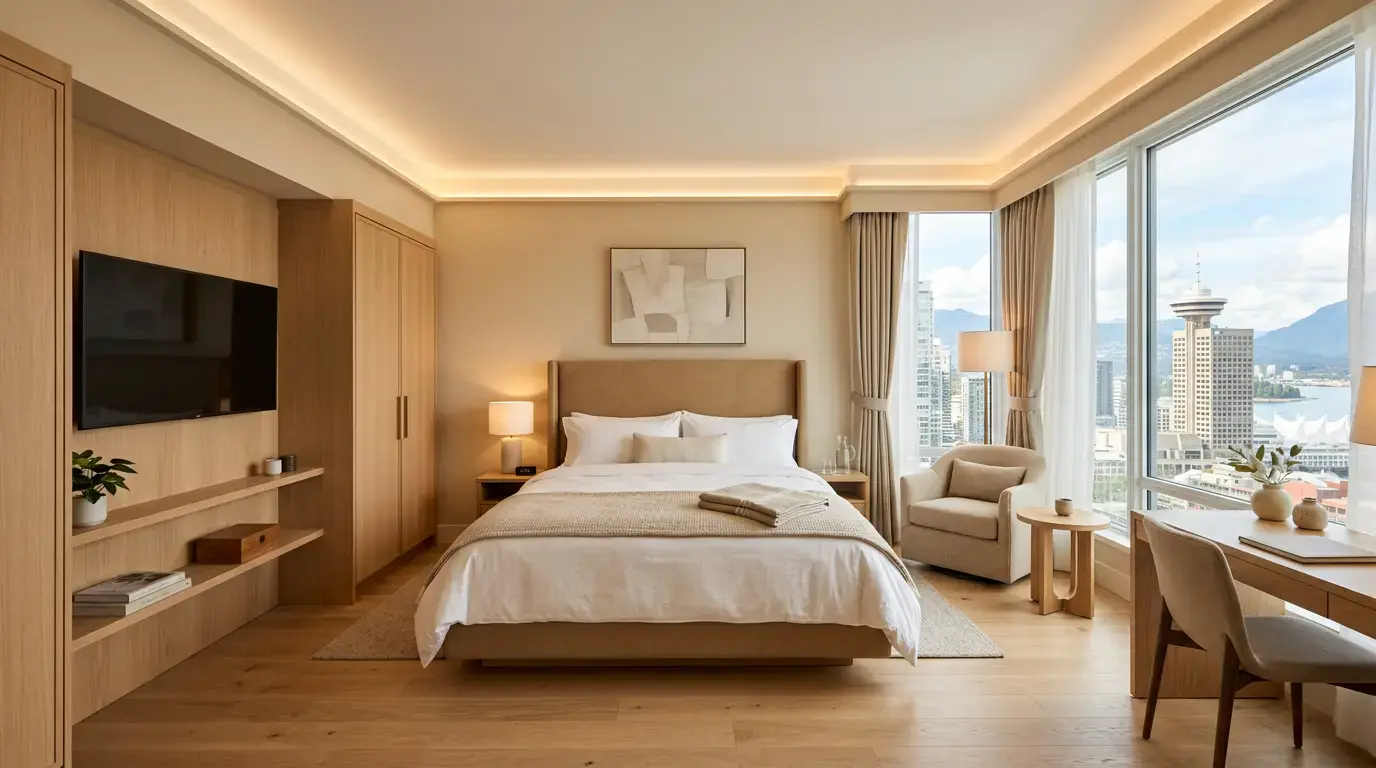 Deluxe King Room - Bedroom with king bed and custom wood entertainment wall