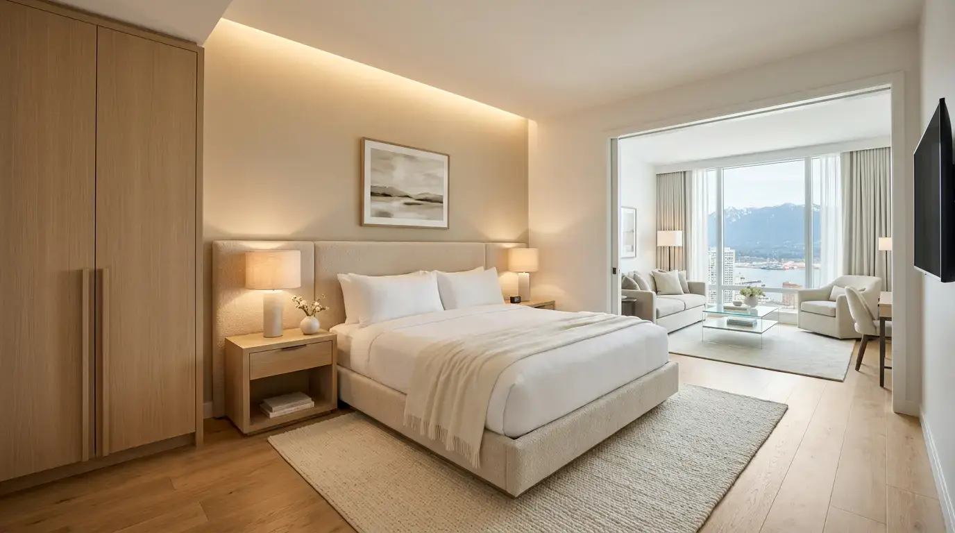 Executive Suite - Bedroom with king bed and connecting living area view