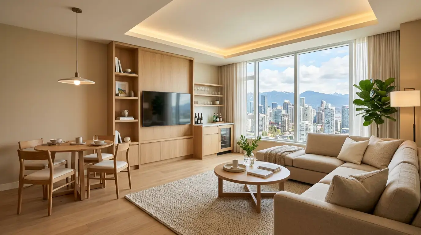 Executive Suite - Living room with sofa, dining area, and mountain view windows