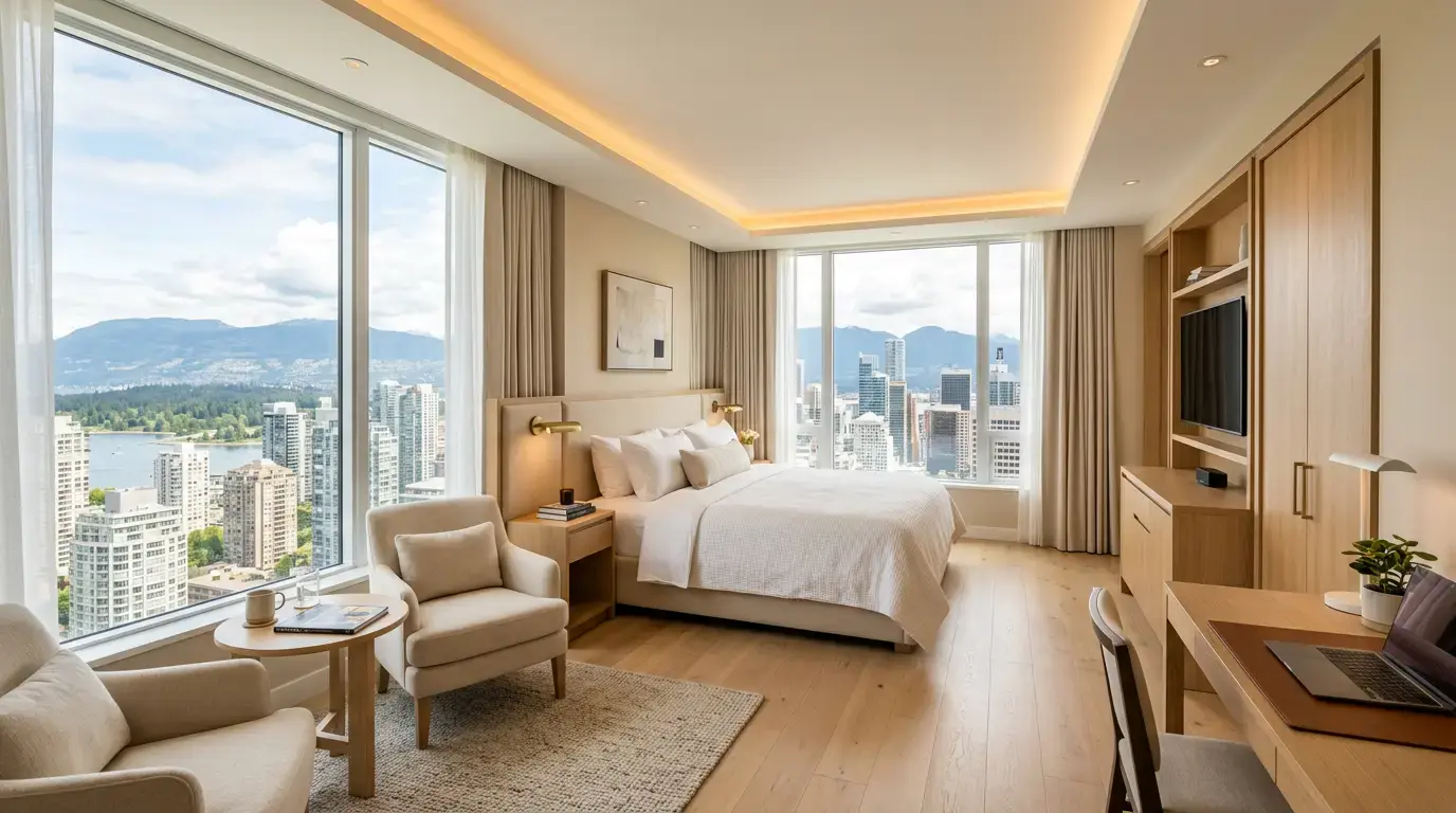 Premium Corner Room - Bedroom with panoramic corner windows and mountain views