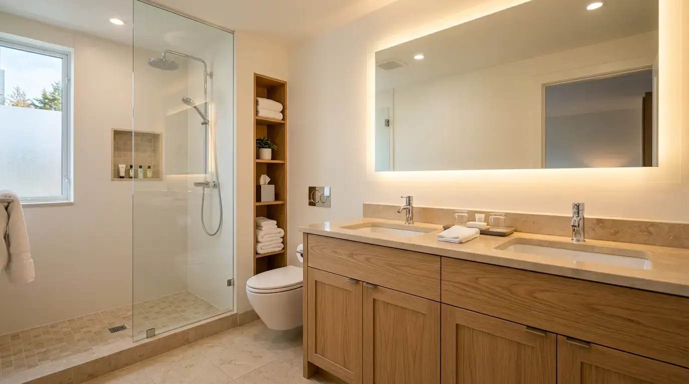 Standard Twin Room - Bathroom with oak vanity and LED mirror