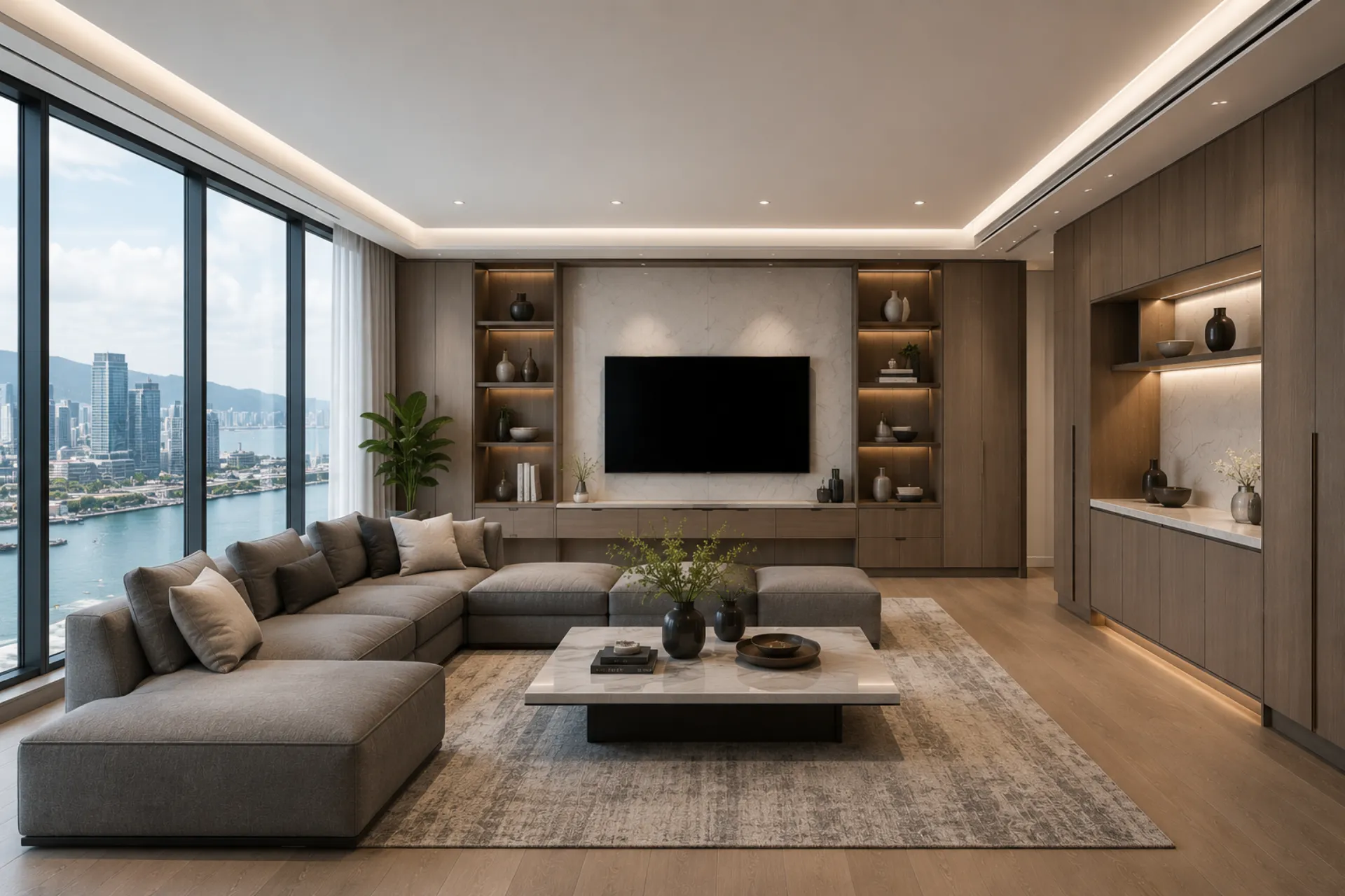 Contemporary grey living room cabinetry