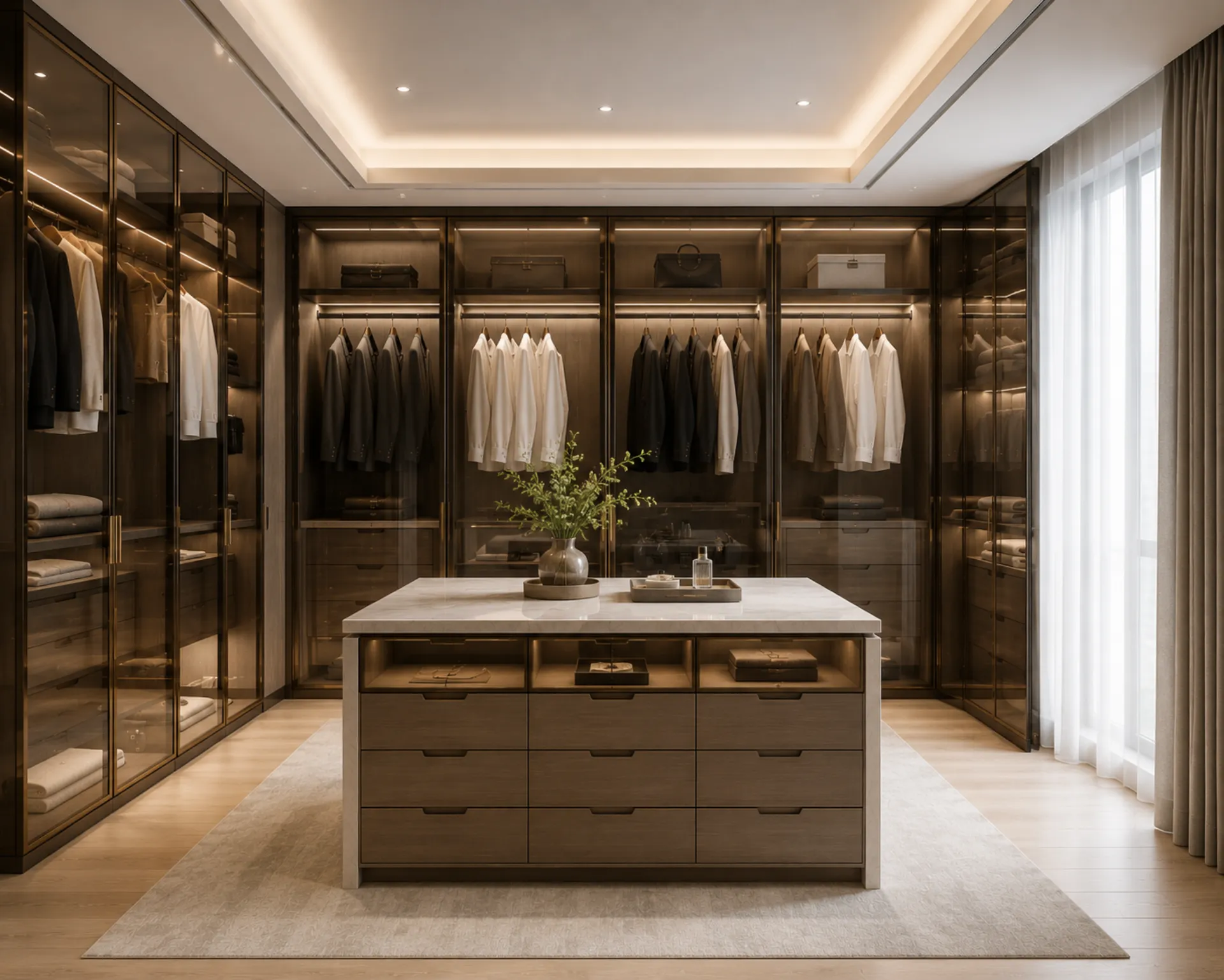 Hotel closet with island storage