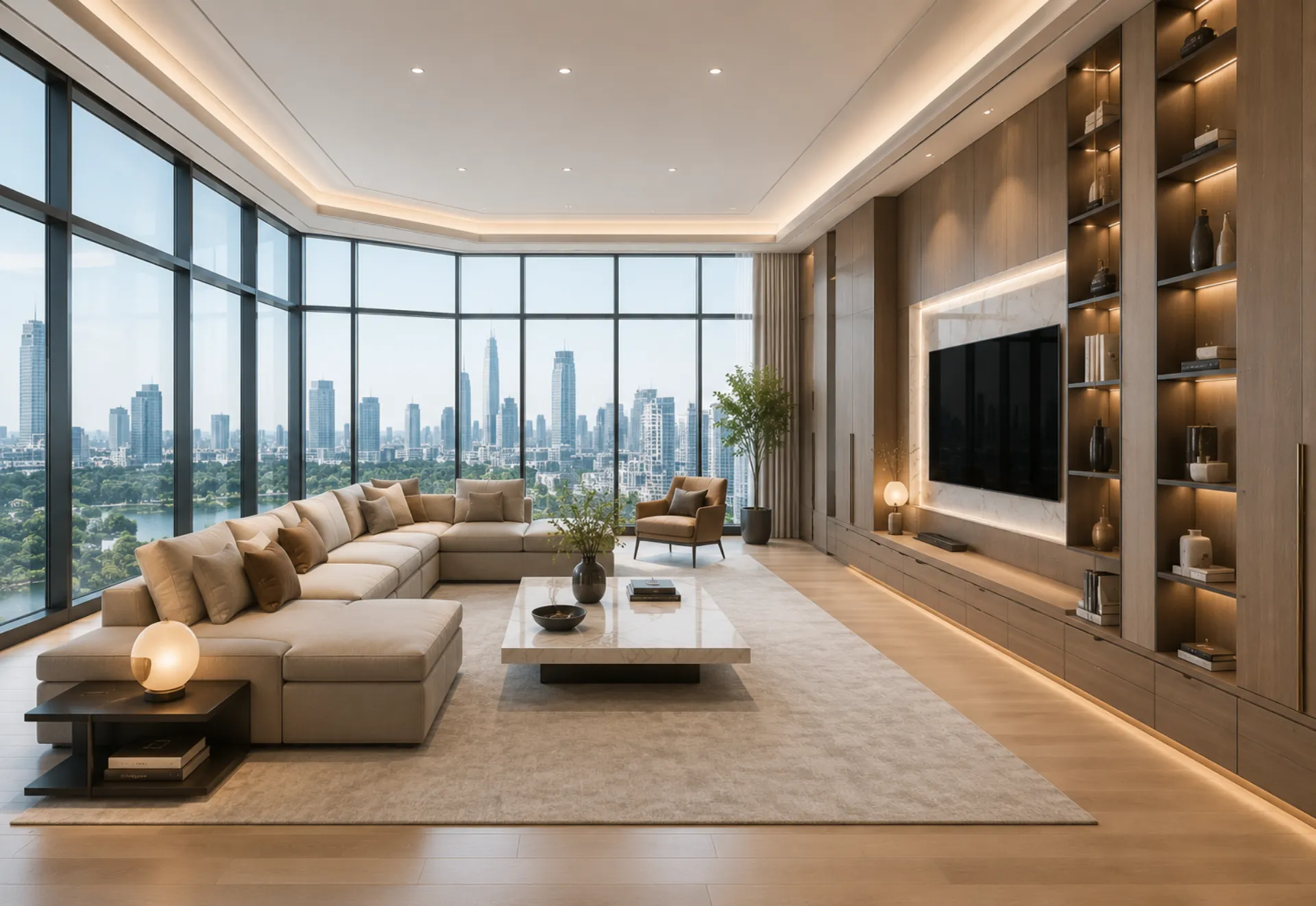 Panoramic living room with custom cabinetry