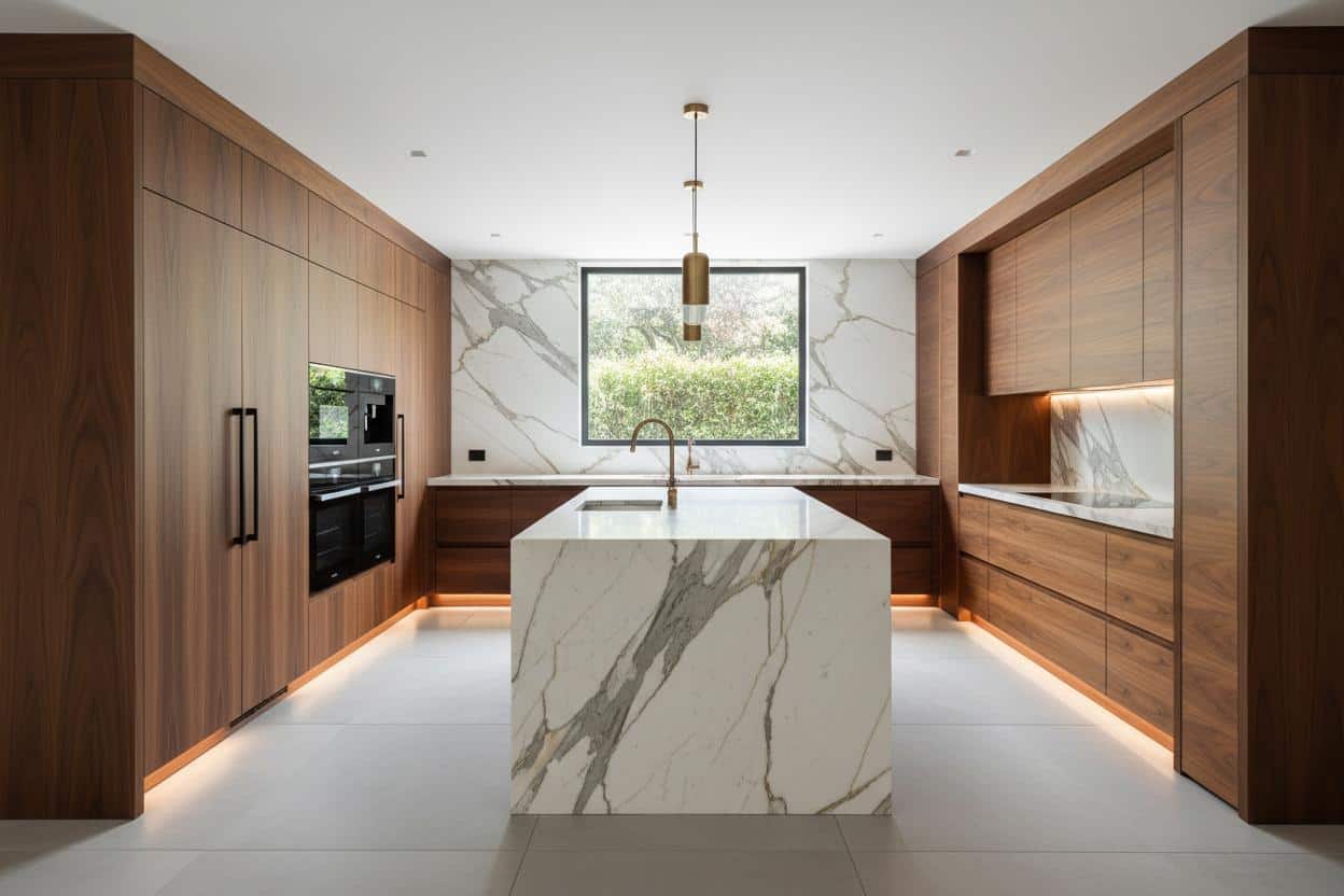 Walnut kitchen island with white stone countertop
