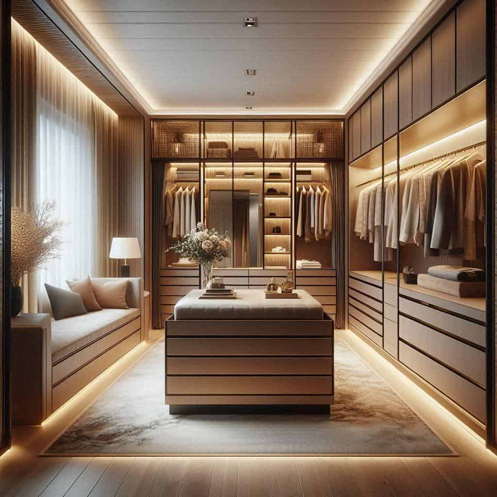 Luxury dark walnut walk-in closet with leather accents