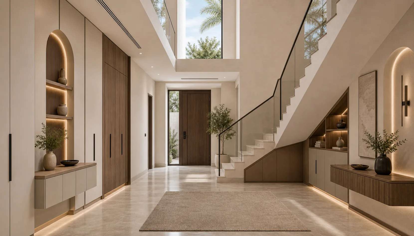 Dubai villa double-height stair foyer with custom wall panels and storage