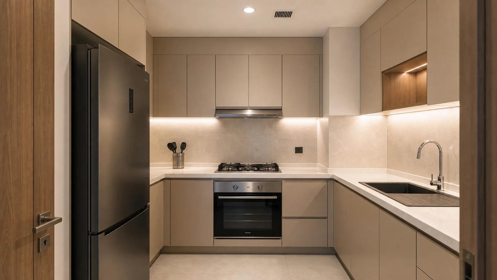 Saudi Arabia apartment closed kitchen with visible refrigerator and custom cabinets
