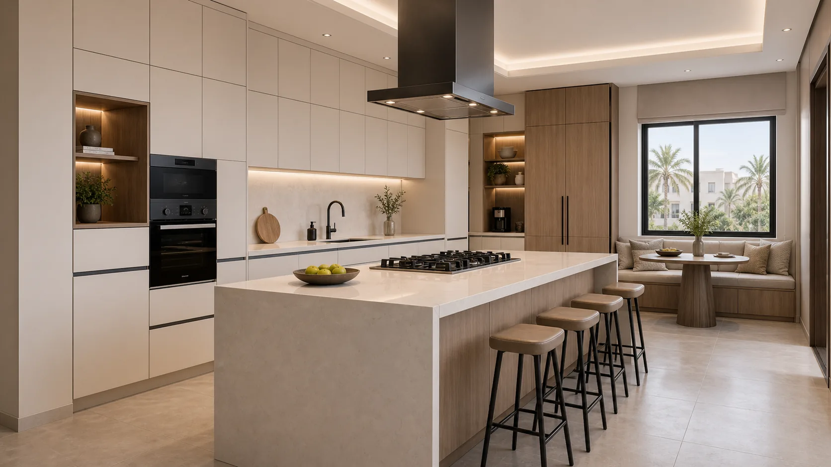 Dubai villa semi-enclosed chef kitchen with matte handleless cabinets