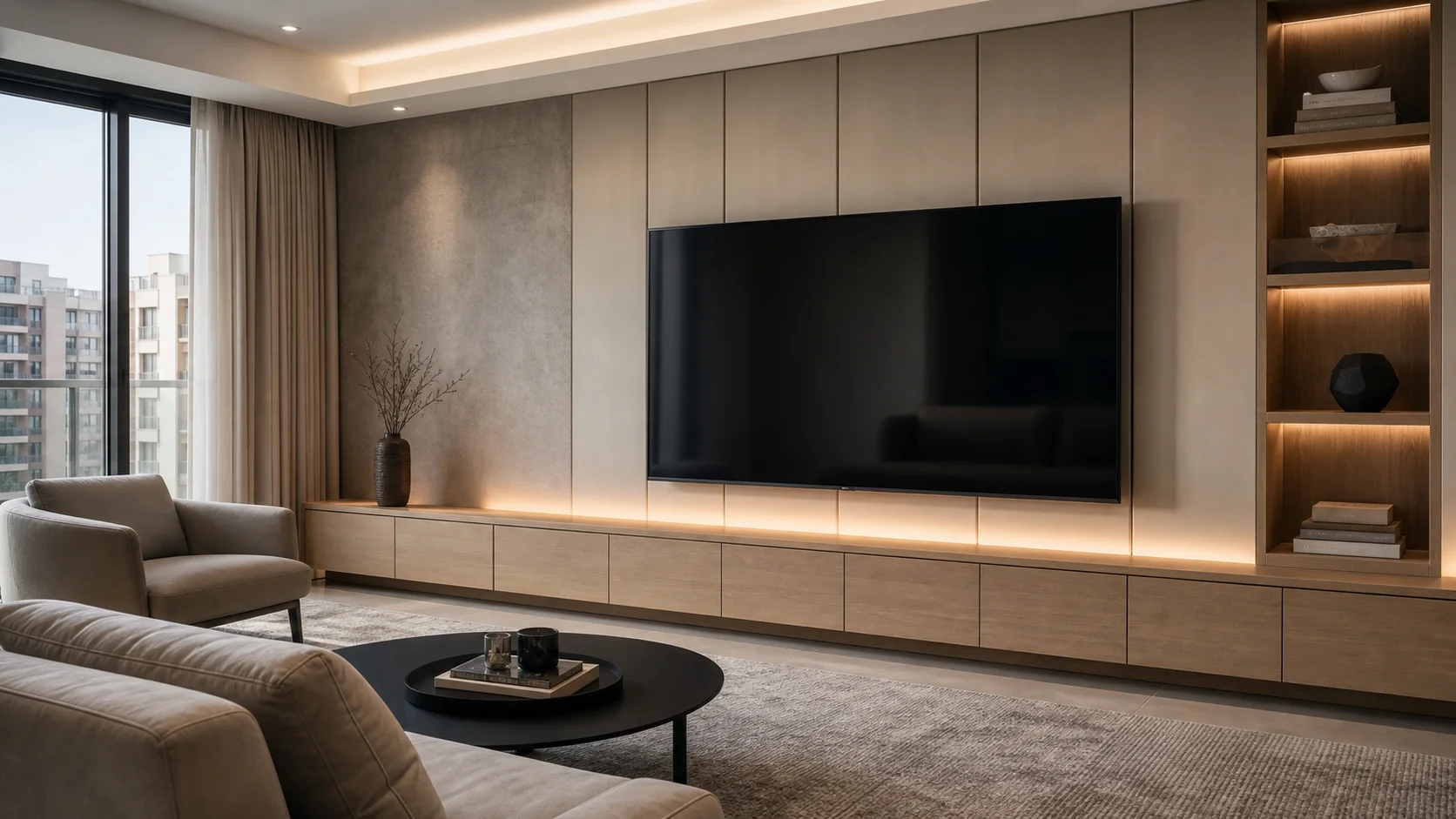 Saudi Arabia apartment living room TV wall with low storage cabinet