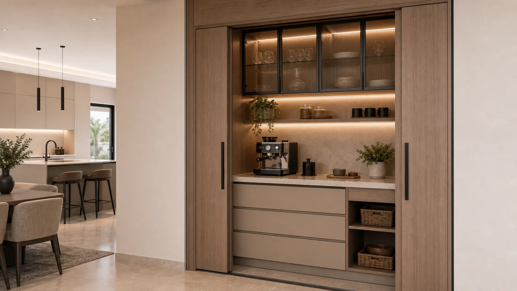 Dubai villa coffee pantry and breakfast bar with custom cabinetry