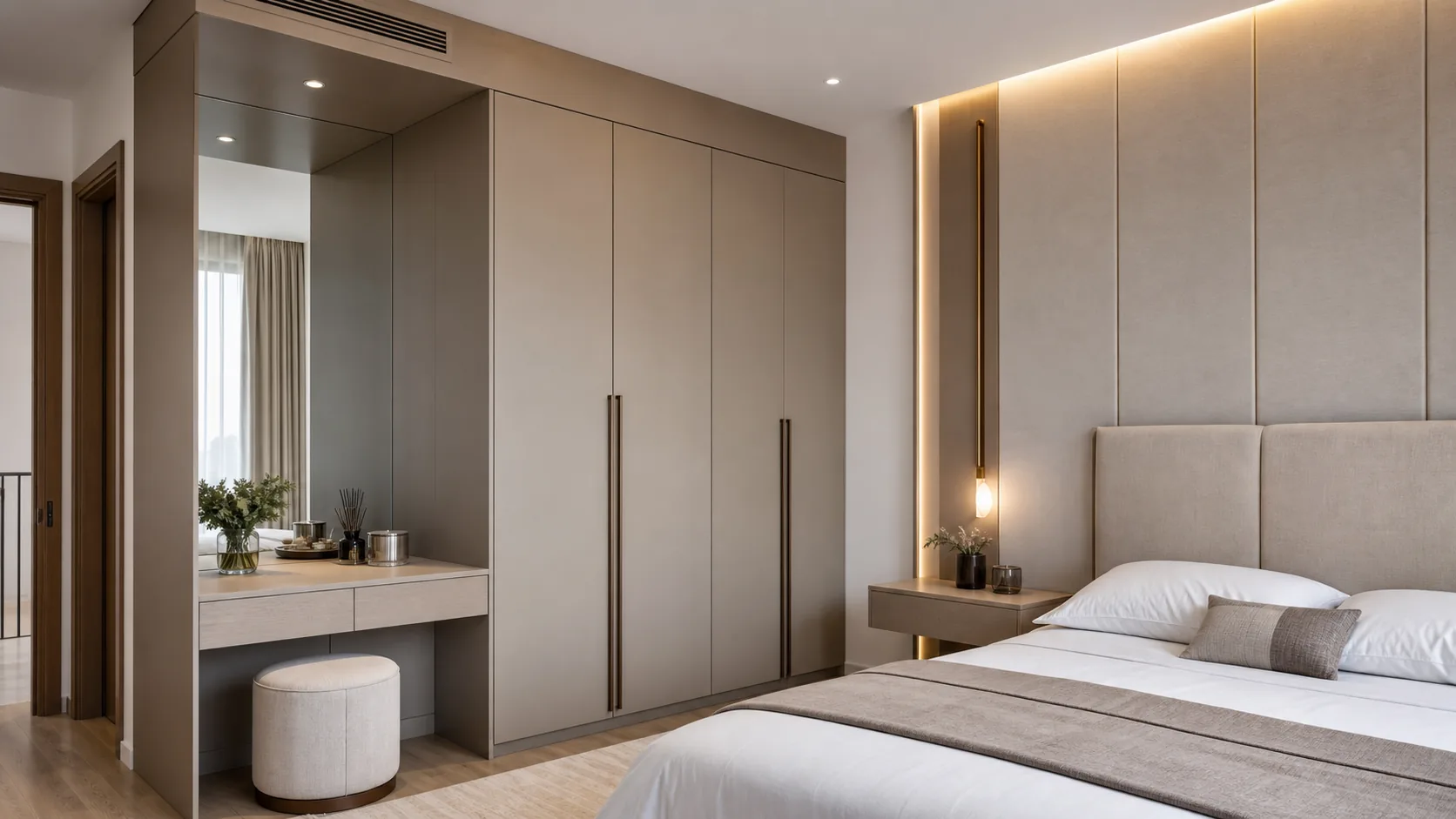 UAE master bedroom wardrobe and dressing wall custom cabinetry