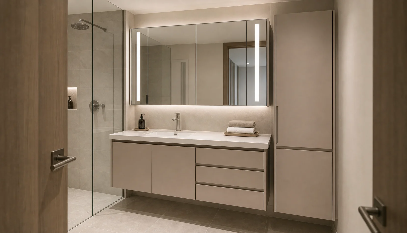 Australian apartment bathroom vanity and linen cabinet