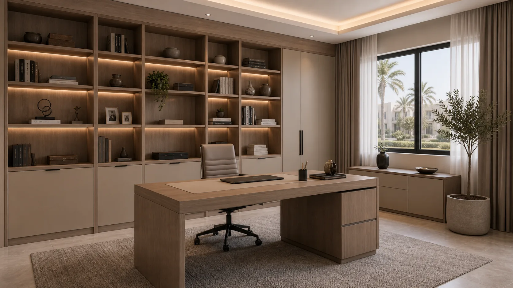 Dubai villa library and home office with built-in bookcase