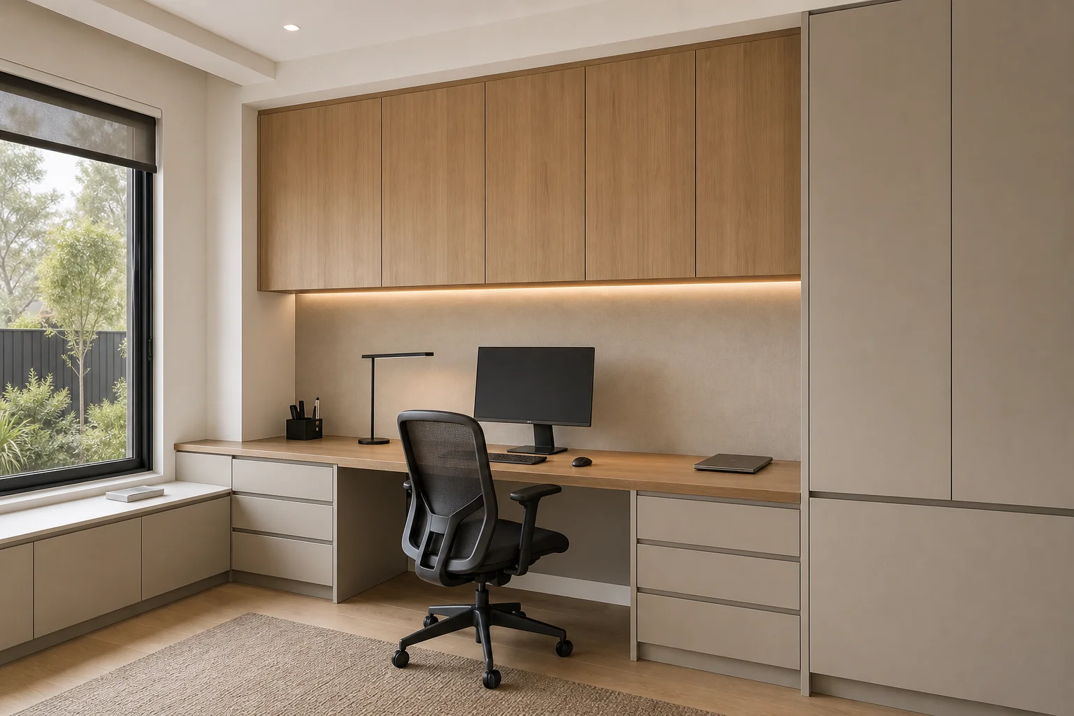 Australian villa joinery home office with built-in desk cabinetry