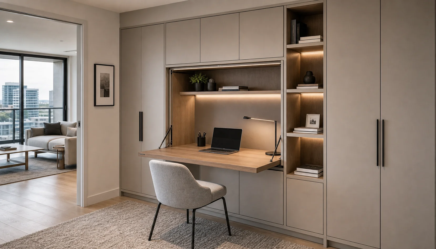 Australian apartment study storage wall with fold-down desk