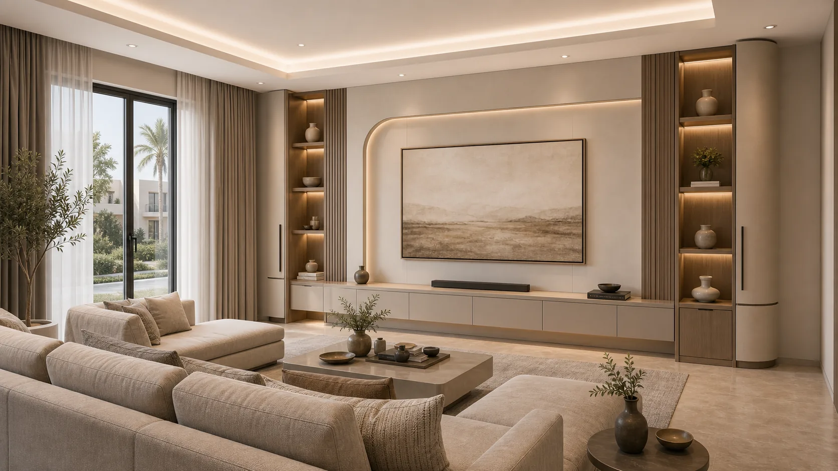Dubai villa art TV media lounge with custom TV background wall