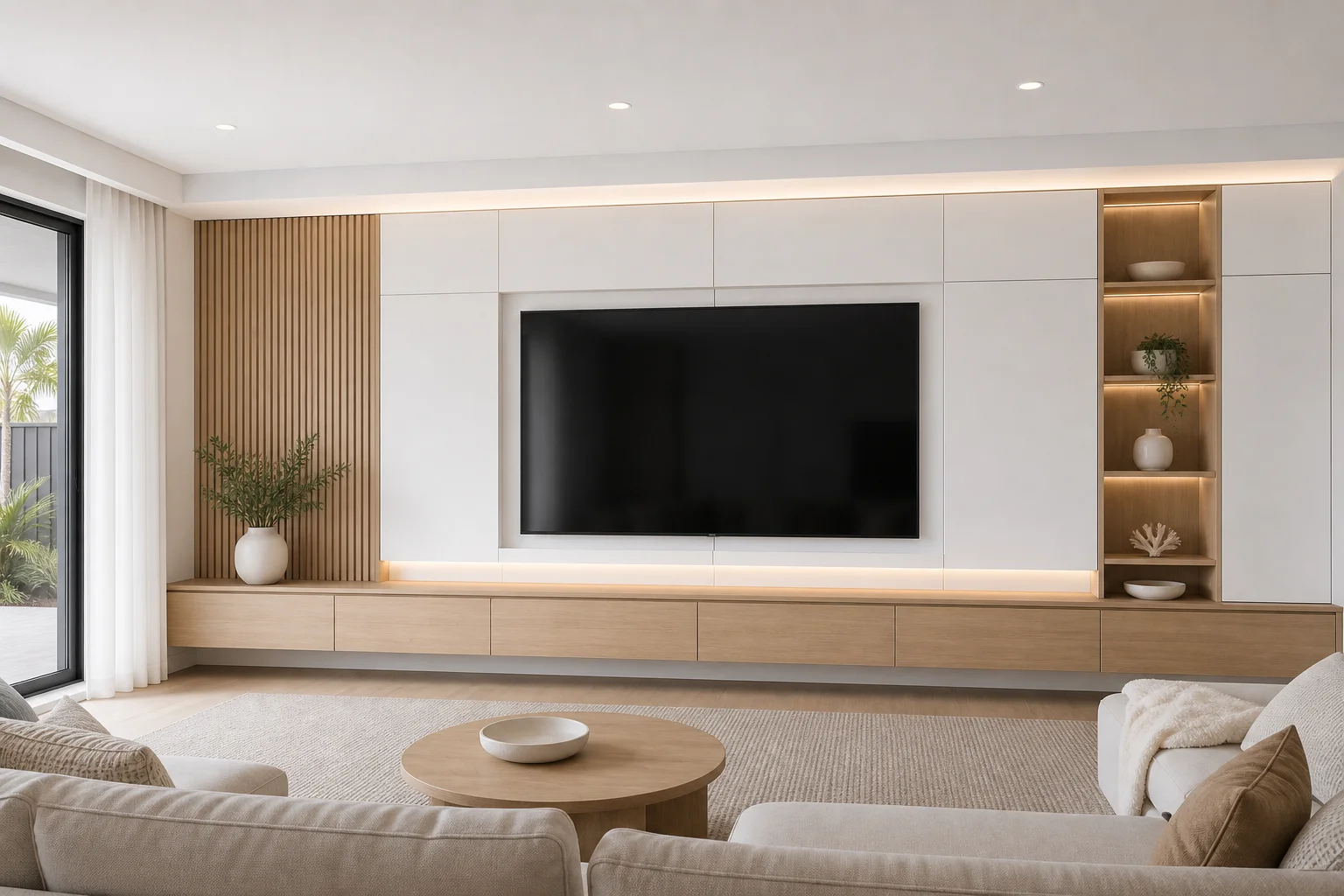 Australian villa joinery family living TV wall with low cabinets