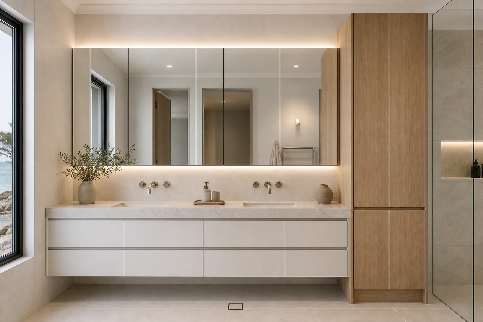 Australian villa joinery bathroom vanity with mirrored cabinet and linen cabinet