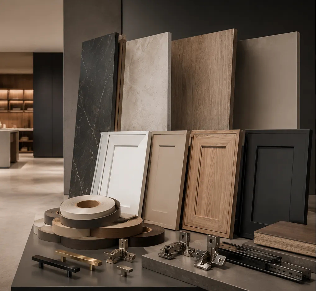 Cabinet door panels, wood finishes and hardware samples