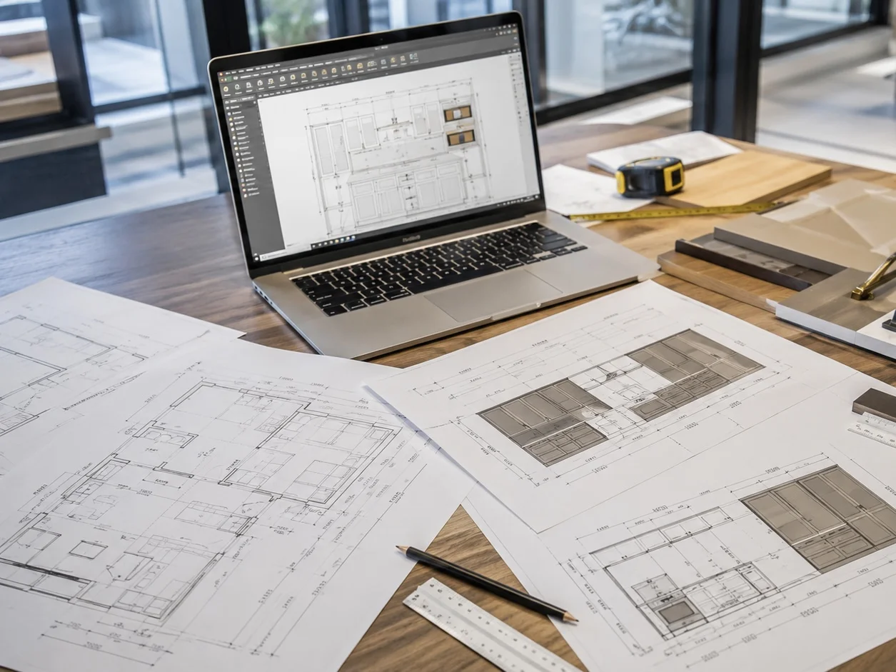 WinRun team reviewing project drawings and cabinet dimensions