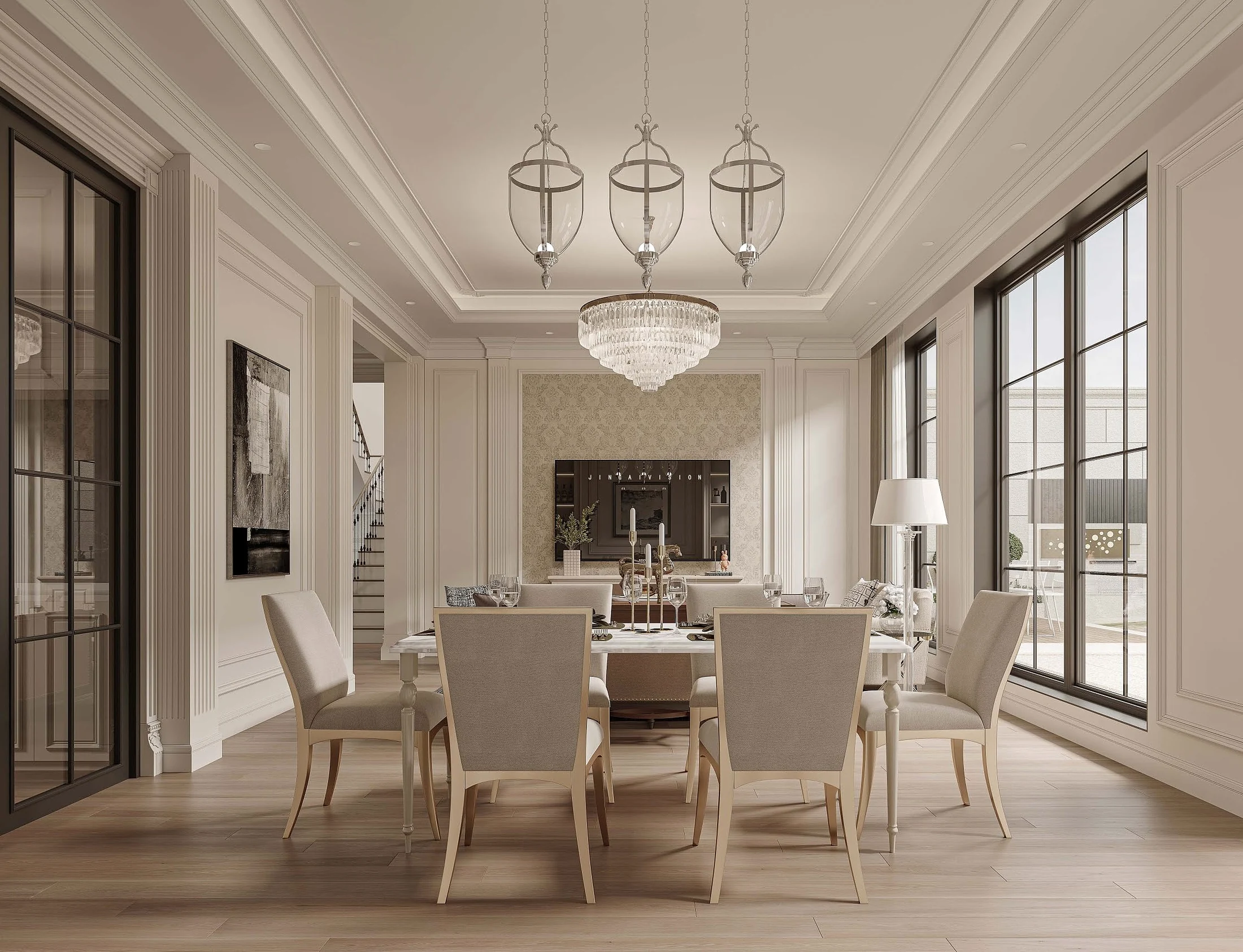 Warm American-style dining room and stair hall