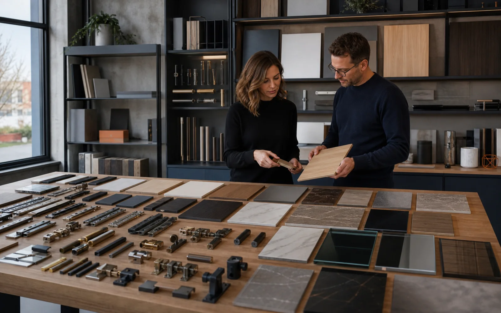 Furniture hardware and interior material samples for project coordination