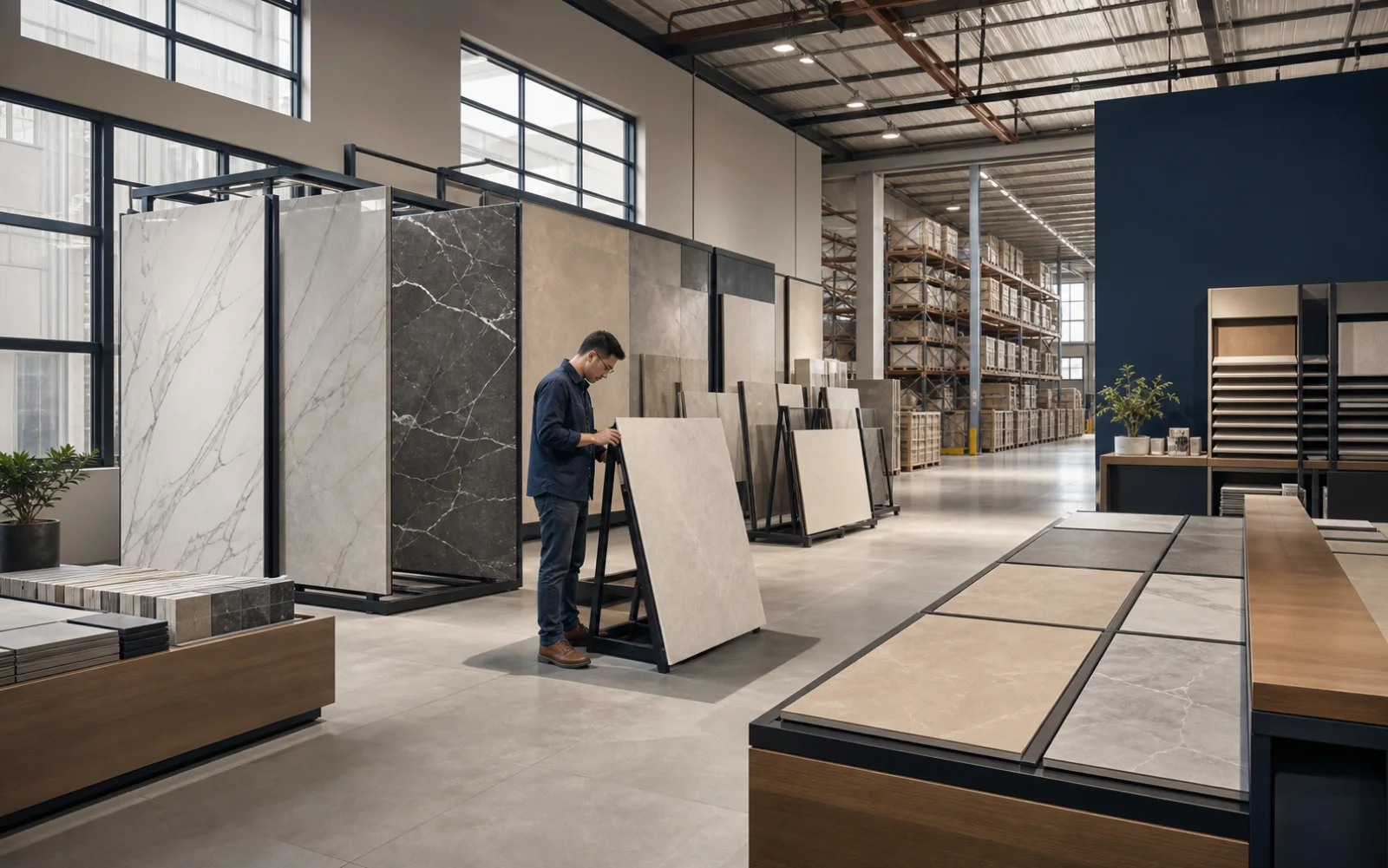 Large-format porcelain tile showroom supporting whole house project sourcing